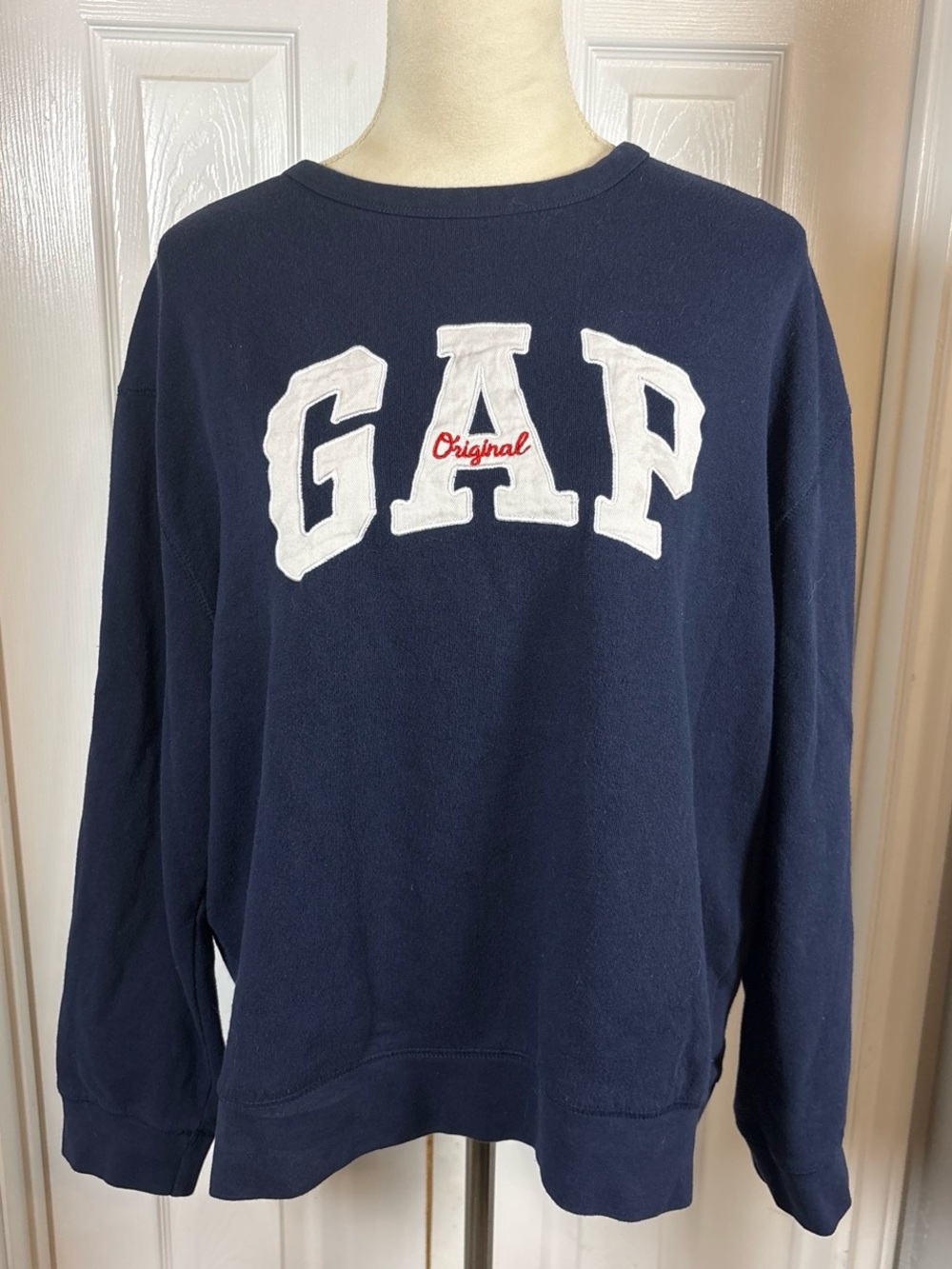 GAP Original Navy Crewneck Sweatshirt with White Logo and Red Script